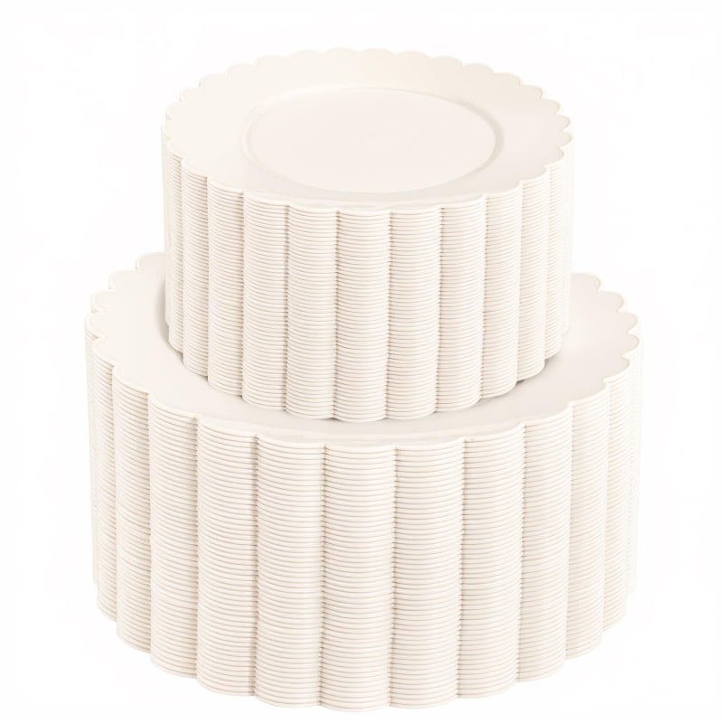 supernal 100pcs Ivory Plastic Plates Fancy Disposable Scalloped Plates for Party Heavy Duty for PartyWeddingBrthdays Bridal Shower Plate Include 50 Plastic Dinner Dessert Plate